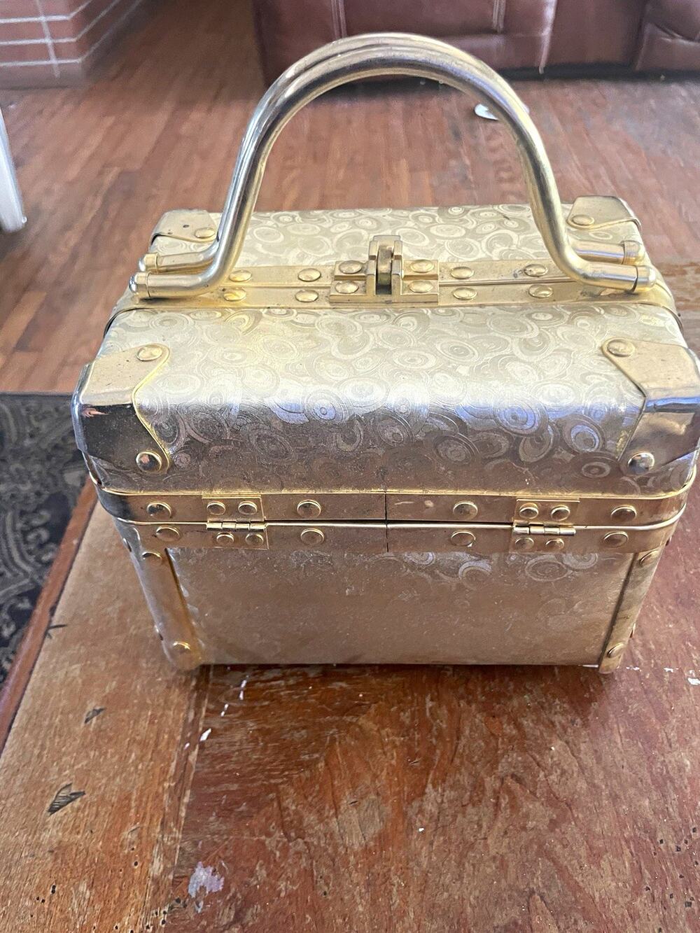 Gold Metal Floral Embossed Small Rectangle Storage Box w/ Lid Handle